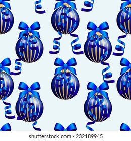 New Year pattern with Christmas ball. Christmas wallpaper with bow and ribbon. Sparkles and bokeh. Shiny and glowing