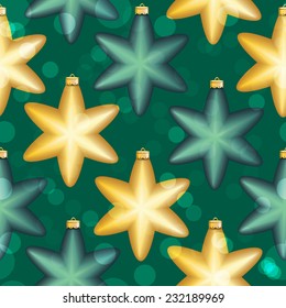 New Year pattern with Christmas ball. Christmas wallpaper with bow and ribbon. Sparkles and bokeh. Shiny and glowing