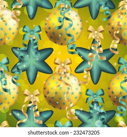 New Year pattern with Christmas ball. Christmas wallpaper with bow and ribbon. Sparkles and bokeh. Shiny and glowing