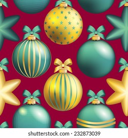 New Year pattern with Christmas ball. Christmas wallpaper with bow and ribbon. Sparkles and bokeh. Shiny and glowing