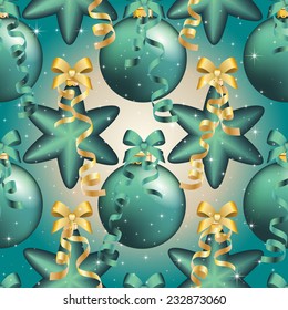 New Year pattern with Christmas ball. Christmas wallpaper with bow and ribbon. Sparkles and bokeh. Shiny and glowing