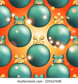 New Year pattern with Christmas ball. Christmas wallpaper with bow and ribbon. Sparkles and bokeh. Shiny and glowing
