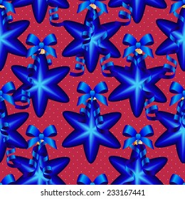 New Year pattern with Christmas ball. Christmas wallpaper with bow and ribbon. Sparkles and bokeh. Shiny and glowing