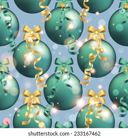 New Year pattern with Christmas ball. Christmas wallpaper with bow and ribbon. Sparkles and bokeh. Shiny and glowing