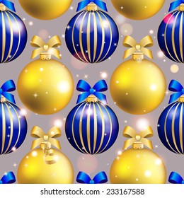 New Year pattern with Christmas ball. Christmas wallpaper with bow and ribbon. Sparkles and bokeh. Shiny and glowing