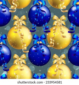 New Year pattern with Christmas ball. Christmas wallpaper with bow and ribbon. Sparkles and bokeh. Shiny and glowing