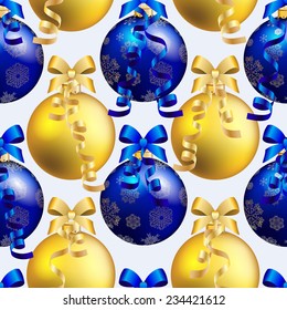 New Year pattern with Christmas ball. Christmas wallpaper with bow and ribbon. Sparkles and bokeh. Shiny and glowing