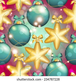 New Year pattern with Christmas ball. Christmas wallpaper with bow and ribbon. Sparkles and bokeh. Shiny and glowing