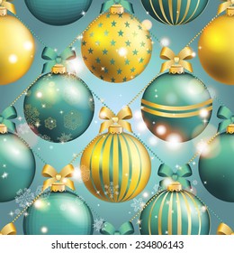 New Year pattern with Christmas ball. Christmas wallpaper with bow and ribbon. Sparkles and bokeh. Shiny and glowing