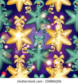 New Year pattern with Christmas ball. Christmas wallpaper with bow and ribbon. Sparkles and bokeh. Shiny and glowing