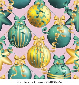 New Year pattern with Christmas ball. Christmas wallpaper with bow and ribbon. Sparkles and bokeh. Shiny and glowing
