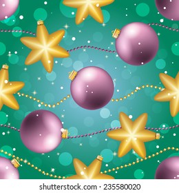 New Year pattern with Christmas ball. Christmas wallpaper with bow and ribbon. Sparkles and bokeh. Shiny and glowing