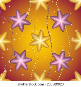 New Year pattern with Christmas ball. Christmas wallpaper with bow and ribbon. Sparkles and bokeh. Shiny and glowing