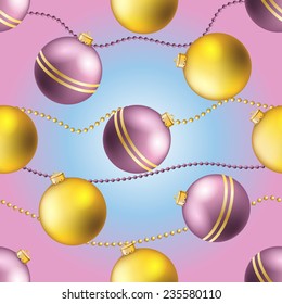 New Year pattern with Christmas ball. Christmas wallpaper with bow and ribbon. Sparkles and bokeh. Shiny and glowing