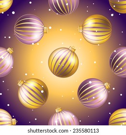 New Year pattern with Christmas ball. Christmas wallpaper with bow and ribbon. Sparkles and bokeh. Shiny and glowing