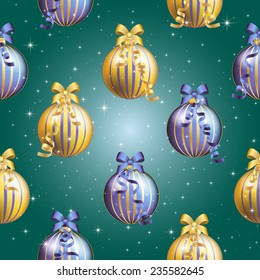 New Year pattern with Christmas ball. Christmas wallpaper with bow and ribbon. Sparkles and bokeh. Shiny and glowing