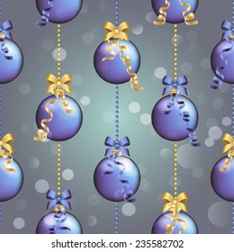 New Year pattern with Christmas ball. Christmas wallpaper with bow and ribbon. Sparkles and bokeh. Shiny and glowing