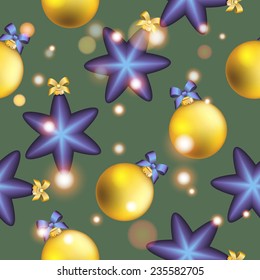 New Year pattern with Christmas ball. Christmas wallpaper with bow and ribbon. Sparkles and bokeh. Shiny and glowing