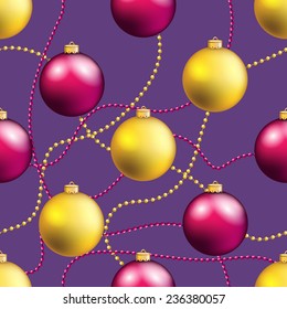 New Year pattern with Christmas ball. Christmas wallpaper with bow and ribbon. Sparkles and bokeh. Shiny and glowing