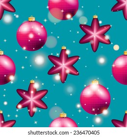 New Year pattern with Christmas ball. Christmas wallpaper with bow and ribbon. Sparkles and bokeh. Shiny and glowing