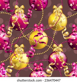 New Year pattern with Christmas ball. Christmas wallpaper with bow and ribbon. Sparkles and bokeh. Shiny and glowing