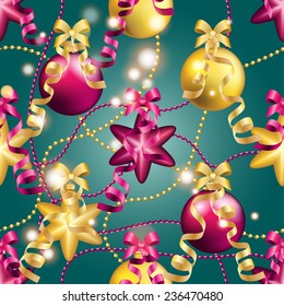New Year pattern with Christmas ball. Christmas wallpaper with bow and ribbon. Sparkles and bokeh. Shiny and glowing