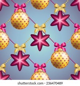 New Year pattern with Christmas ball. Christmas wallpaper with bow and ribbon. Sparkles and bokeh. Shiny and glowing