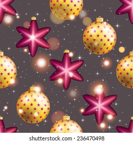 New Year pattern with Christmas ball. Christmas wallpaper with bow and ribbon. Sparkles and bokeh. Shiny and glowing