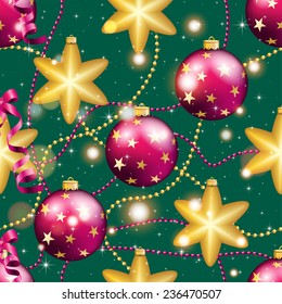 New Year pattern with Christmas ball. Christmas wallpaper with bow and ribbon. Sparkles and bokeh. Shiny and glowing