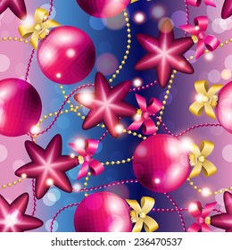 New Year pattern with Christmas ball. Christmas wallpaper with bow and ribbon. Sparkles and bokeh. Shiny and glowing