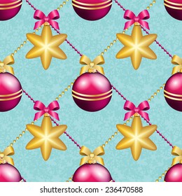 New Year pattern with Christmas ball. Christmas wallpaper with bow and ribbon. Sparkles and bokeh. Shiny and glowing