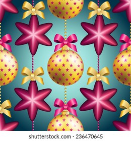 New Year pattern with Christmas ball. Christmas wallpaper with bow and ribbon. Sparkles and bokeh. Shiny and glowing
