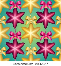 New Year pattern with Christmas ball. Christmas wallpaper with bow and ribbon. Sparkles and bokeh. Shiny and glowing