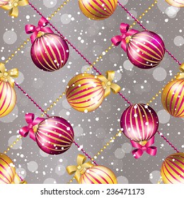 New Year pattern with Christmas ball. Christmas wallpaper with bow and ribbon. Sparkles and bokeh. Shiny and glowing