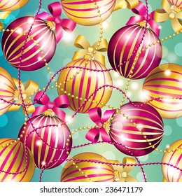 New Year pattern with Christmas ball. Christmas wallpaper with bow and ribbon. Sparkles and bokeh. Shiny and glowing