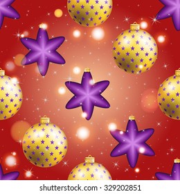 New Year pattern with Christmas ball. Christmas wallpaper with bow and ribbon. Sparkles and bokeh. Shiny and glowing