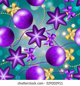 New Year pattern with Christmas ball. Christmas wallpaper with bow and ribbon. Sparkles and bokeh. Shiny and glowing