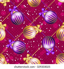 New Year pattern with Christmas ball. Christmas wallpaper with bow and ribbon. Sparkles and bokeh. Shiny and glowing