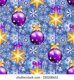 New Year pattern with Christmas ball. Christmas wallpaper with bow and ribbon. Sparkles and bokeh. Shiny and glowing