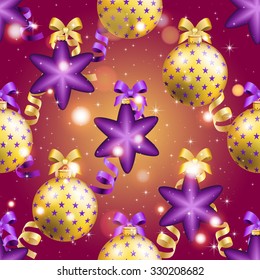 New Year pattern with Christmas ball. Christmas wallpaper with bow and ribbon. Sparkles and bokeh. Shiny and glowing