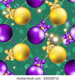 New Year pattern with Christmas ball. Christmas wallpaper with bow and ribbon. Sparkles and bokeh. Shiny and glowing
