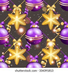 New Year pattern with Christmas ball. Christmas wallpaper with bow and ribbon. Sparkles and bokeh. Shiny and glowing