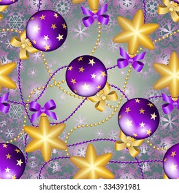 New Year pattern with Christmas ball. Christmas wallpaper with bow and ribbon. Sparkles and bokeh. Shiny and glowing