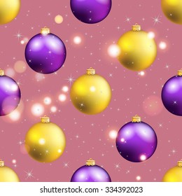New Year pattern with Christmas ball. Christmas wallpaper with bow and ribbon. Sparkles and bokeh. Shiny and glowing