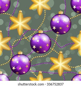 New Year pattern with Christmas ball. Christmas wallpaper with bow and ribbon. Sparkles and bokeh. Shiny and glowing
