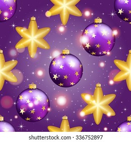 New Year pattern with Christmas ball. Christmas wallpaper with bow and ribbon. Sparkles and bokeh. Shiny and glowing