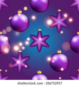 New Year pattern with Christmas ball. Christmas wallpaper with bow and ribbon. Sparkles and bokeh. Shiny and glowing