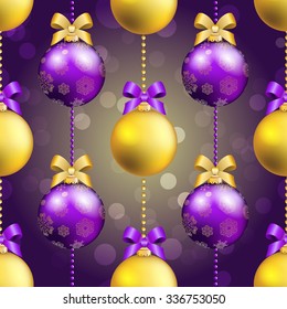 New Year pattern with Christmas ball. Christmas wallpaper with bow and ribbon. Sparkles and bokeh. Shiny and glowing