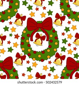 New Year pattern with christmas decoration elements. Happy holidays pattern with bell, stars, wreath on a white background.  