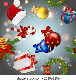 New year pattern with Christmas toy, gift, Christmas wreath, candle and candy and Santa hat. Sparkles and bokeh. Shiny and glowing